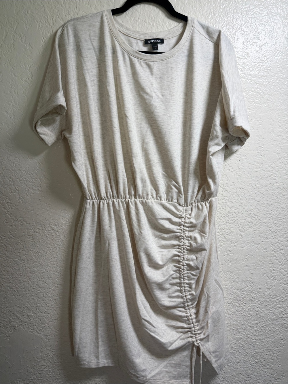 Express Neutral Cream Tee-Style Ruched Mini Dress